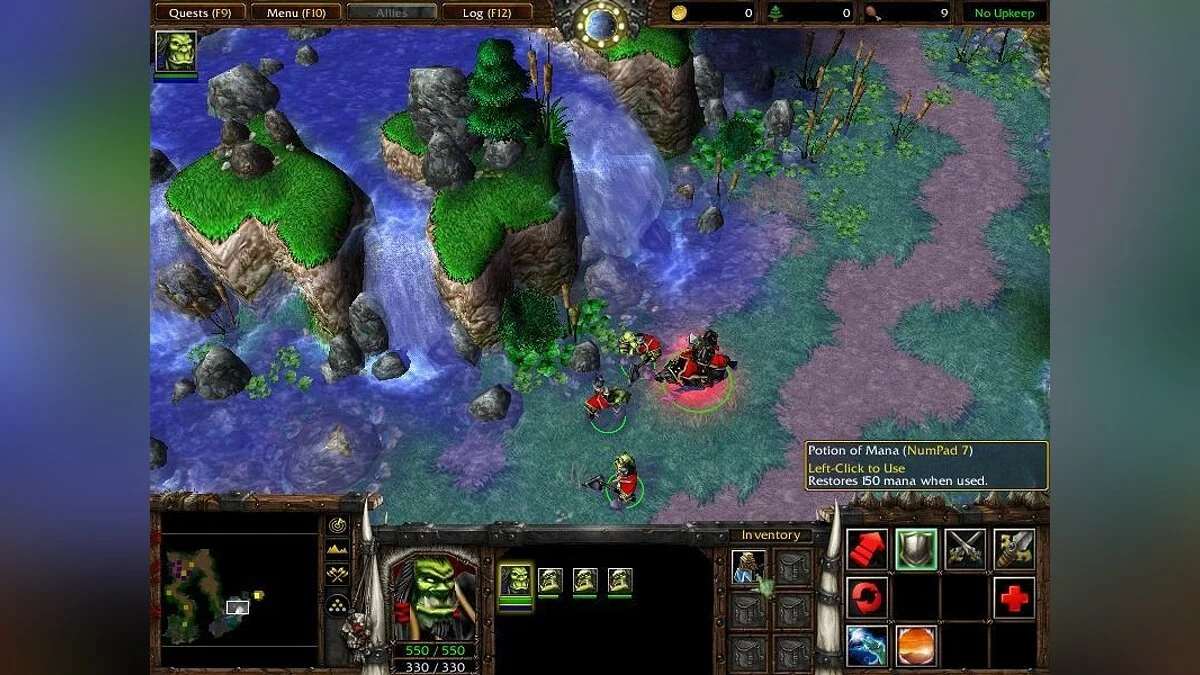 Игровая сцена Warcraft III с героями у водопада